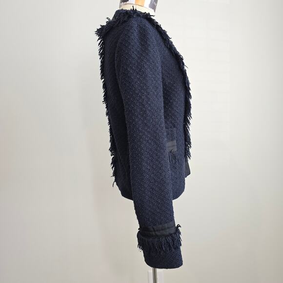 Tory Burch Navy Long Sleeve Tweed Fringe Cross Grain Blazer Sz 4 (708) - Picture 3 of 11